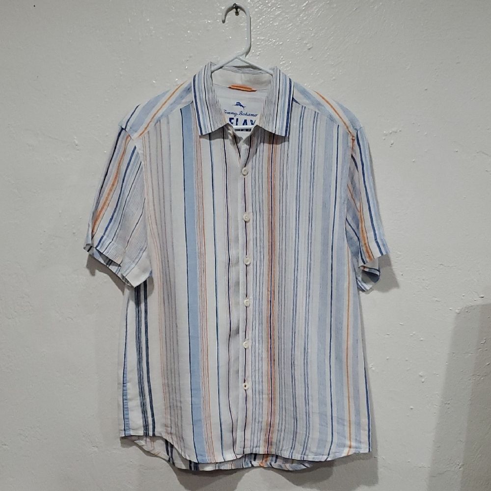 Tommy Bahama 100% Linen Men's Striped Shirt - Blue, White & Orange Size M